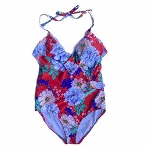 Cleanwater red multicolor floral print one piece halter ruffle bathing suit